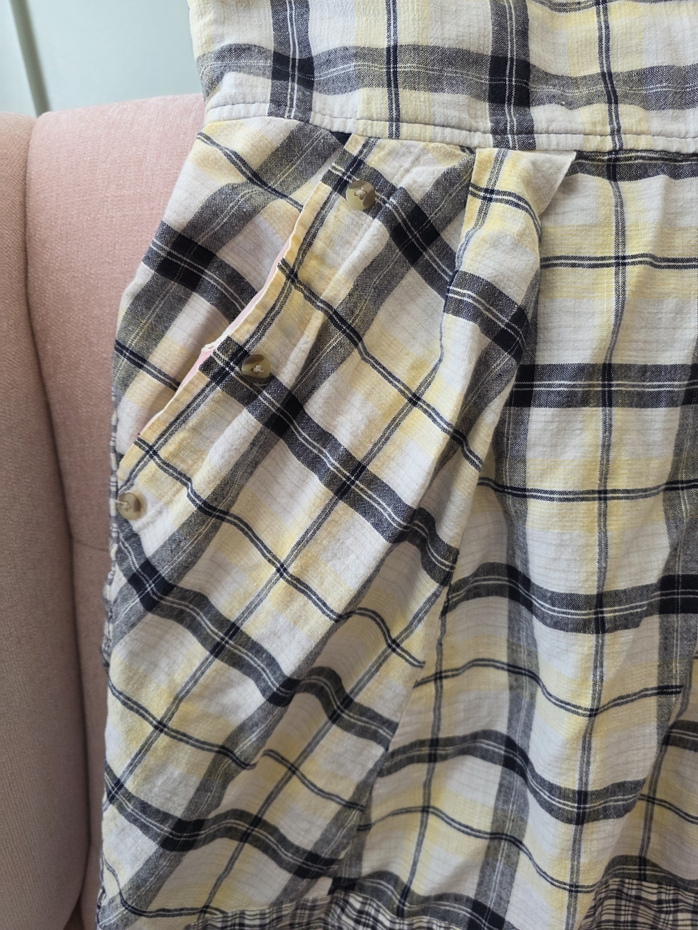 Anthropologie Preloved Handcut Medium Summer Yellow Plaid Midi Skirt - Picture 5 of 5